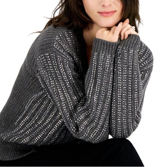 Inc International Concept NWT Shine Cardigan Sweater Gray Silver V Neck Size S - Picture 5 of 10